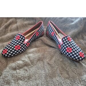 Gingham Floral Loafers Black White Coral Slip On Women's Shoes 8.5B‎